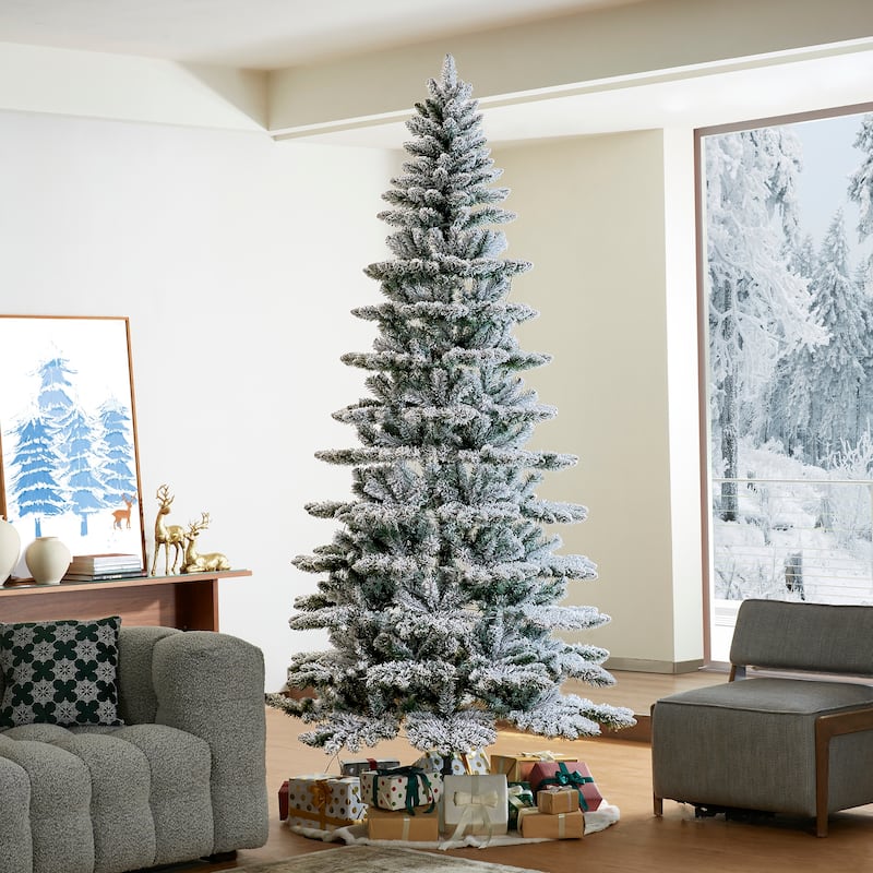 Glitzhome 6FT/7.5FT/9FT Warm White or Multi-Colored Pre-Lit Flocked Pine Artificial Christmas Tree - 9ft Slim Spruce