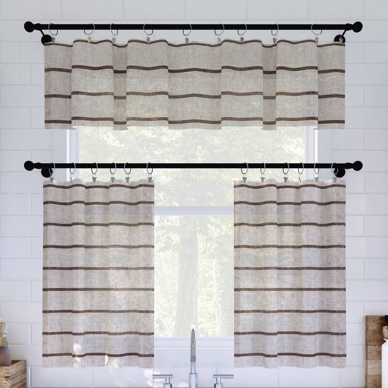 Clean Window Twill Stripe Anti-Dust Linen Blend Sheer Cafe Curtain Pair