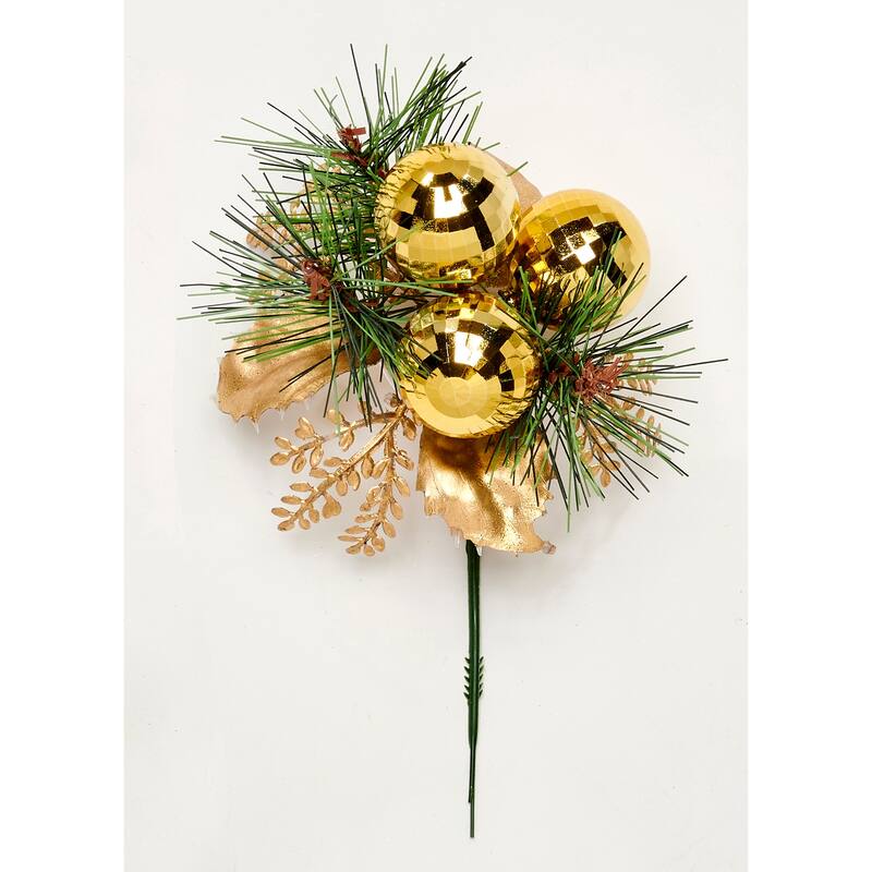 8" Pine Faceted Ball x 3 Pine Pick, Gold, Set of 12