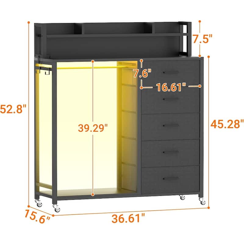 5 Drawers Dresser with Charging Station & LED Lights, Chest of Drawers with Hanging Rod ＆ Lockable Wheels ＆ Storage Shelves