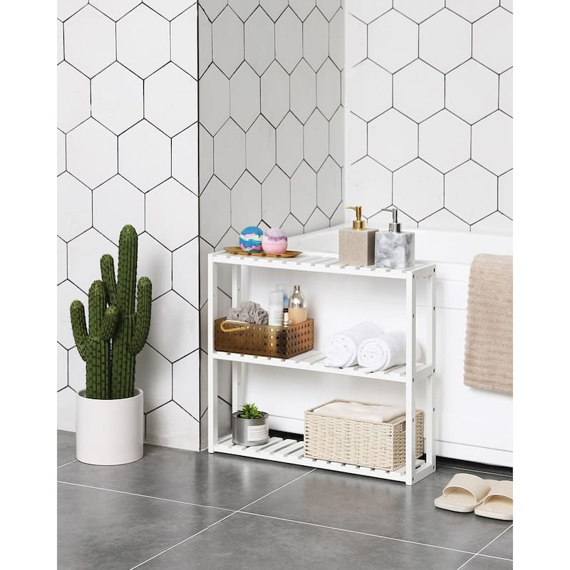 3-Tier Wall-Mountable Wicker Storage Shelf Space-Saving Adjustable Organizer for Bathroom Kitchen or Living Room - Cloud-White