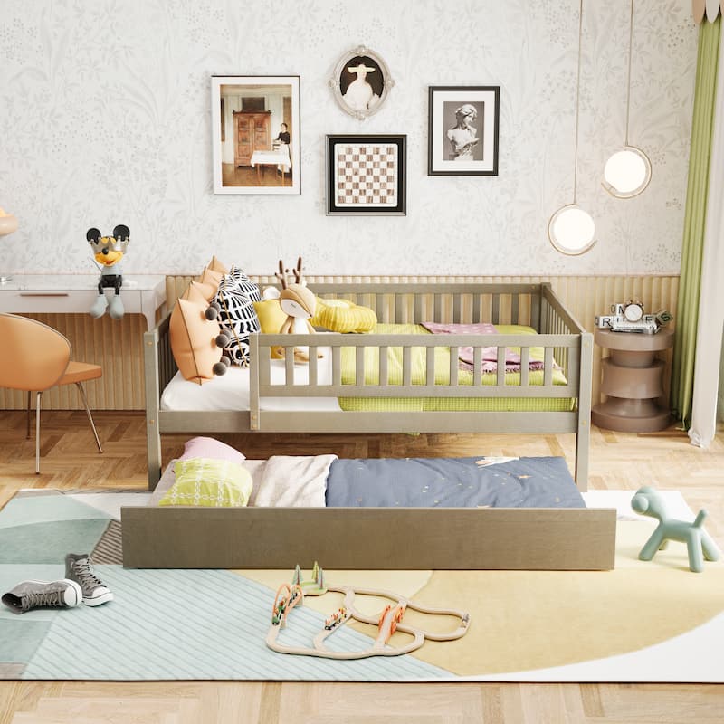 Wood Daybed with Trundle and Fence Guardrails - Natural - Twin