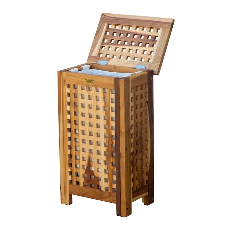 EcoDecors Solid Teak Lattice Apartment Hamper with Laundry Bag in EarthyTeak Finish