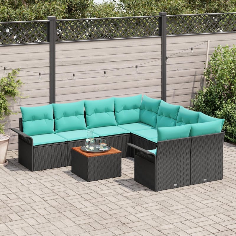 vidaXL 9 Garden Sofa Set with Cushions Black Poly Rattan - 95.9 x 92.1 x 27.2