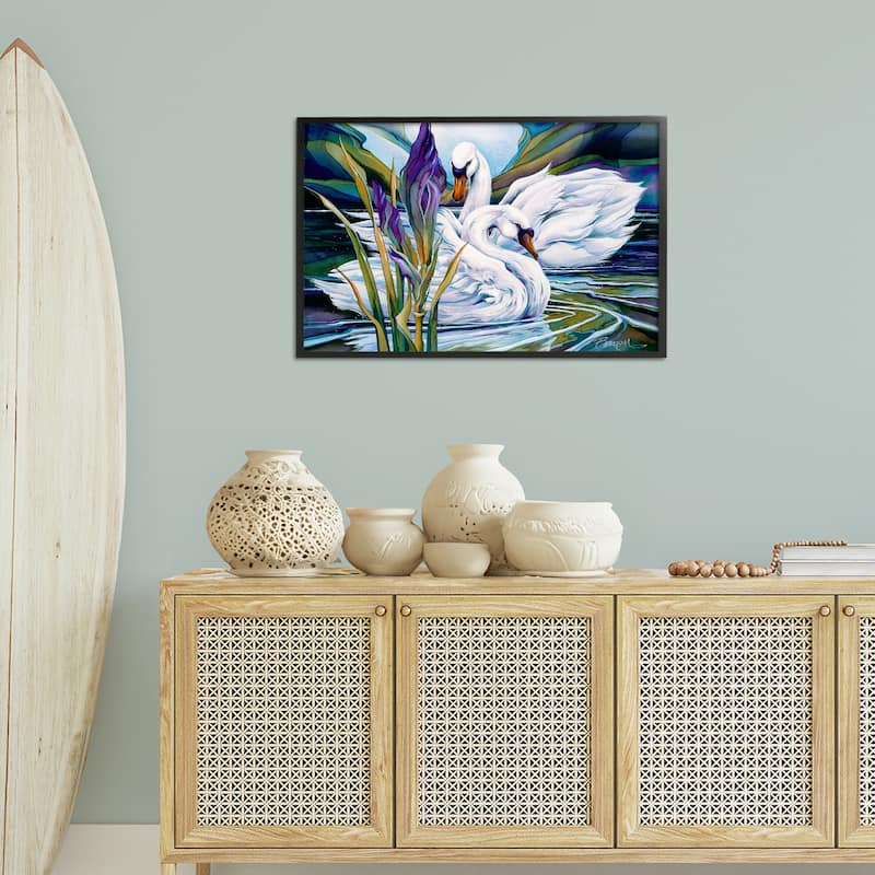 Stupell Swans with Abstract Pond Ripples Framed Giclee Art Design By Jody Bergsma