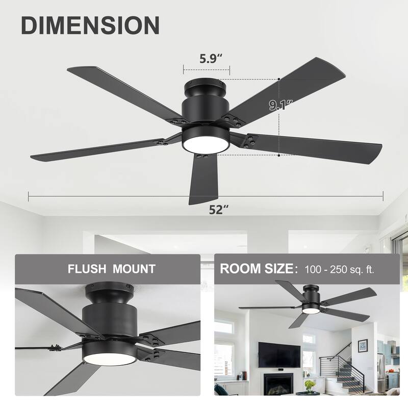 52-Inch Matte Black Flush Mount Ceiling Fan with RGB LED Light and Remote