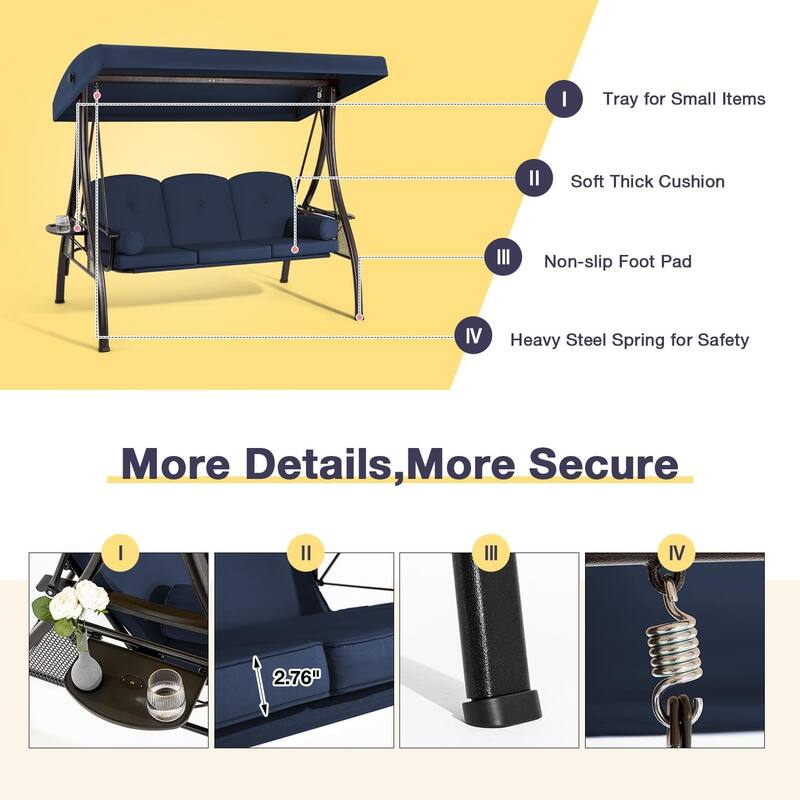 Outdoor 3-Seat Porch Swing with Adjustable Canopy & Cup Holder,Porch Swing Glider Chair, Heavy-Duty Steel Frame