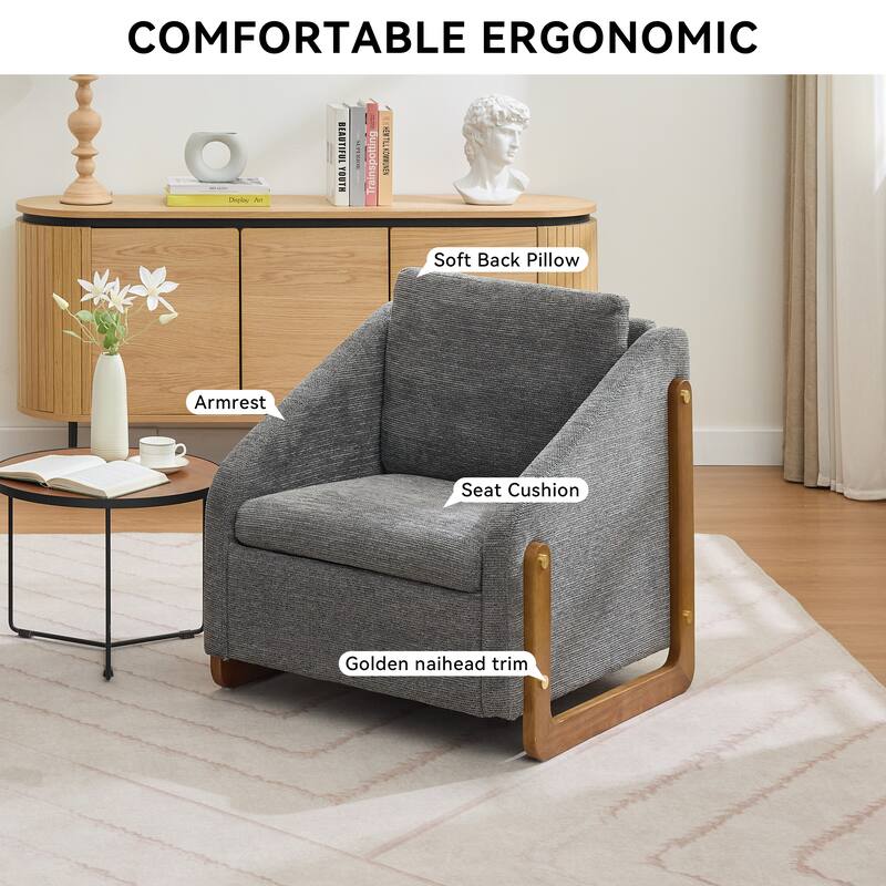 Chenille Fabric Modern Armchair with Wooden Side Frame, Cushioned Seat and Backrest, and Golden Nailhead Trim