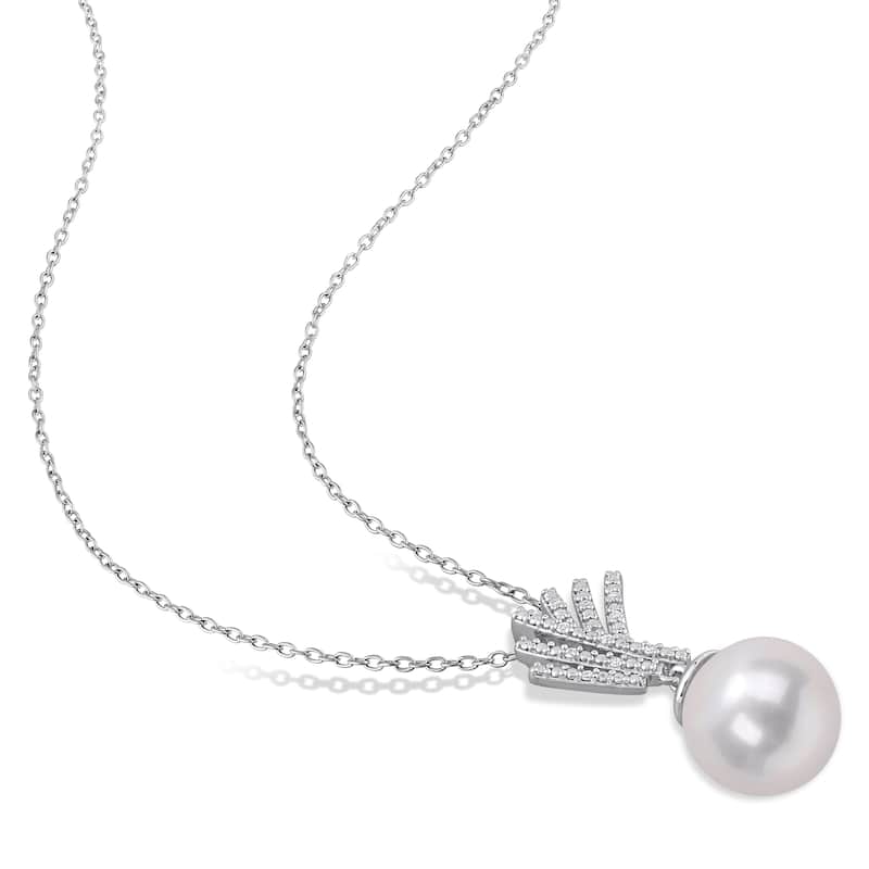 Miadora Cultured Freshwater Pearl & Diamond Accent Drop Necklace in Sterling Silver (11-12mm)