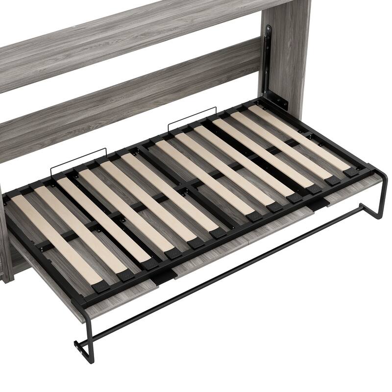 Space-Saving Foldable Twin Bed with Drawers, LED Light, and Cabinet, Gray