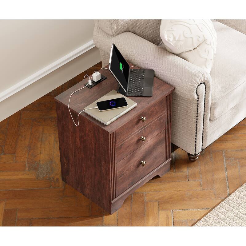 2 Drawer Wood End Table with Charging Station for Bedroom Living Room