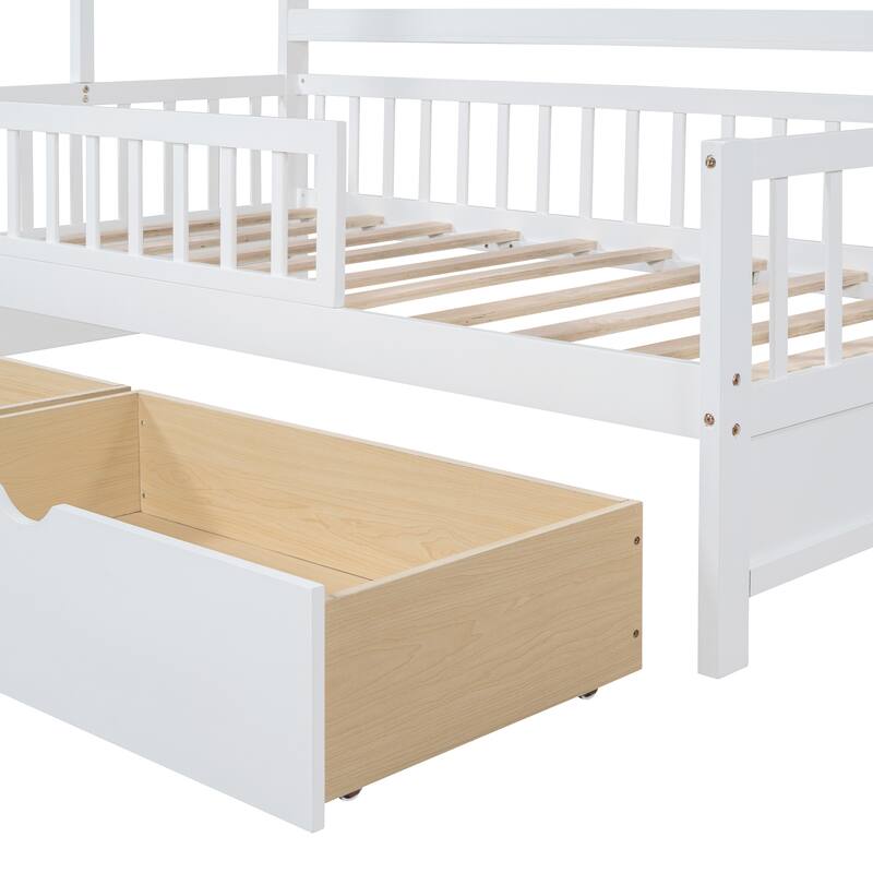 Twin House Bed with Roof, Storage Drawers, and Shelf, Perfect for Kids