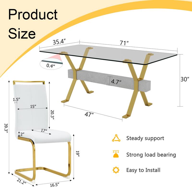 9-Piece Glass Dining Table Set for 8, 71" Rectangular Table with Gold Metal Base, 8 PU Dining Chairs for Kitchen, Dining Room
