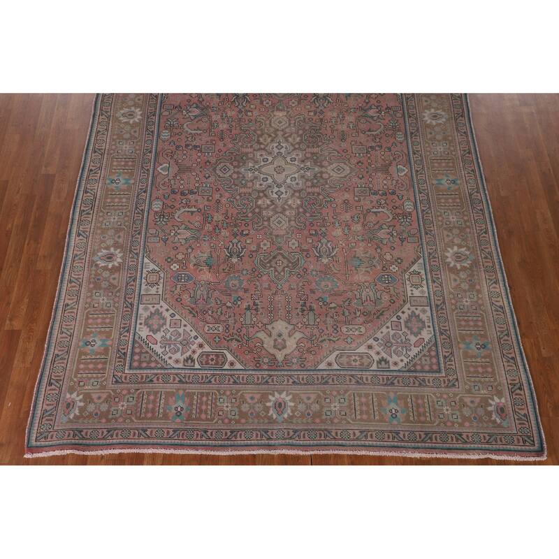 Pink Geometric Tabriz Persian Vintage Area Rug Handmade Wool Carpet - 7'10" x 11'0"