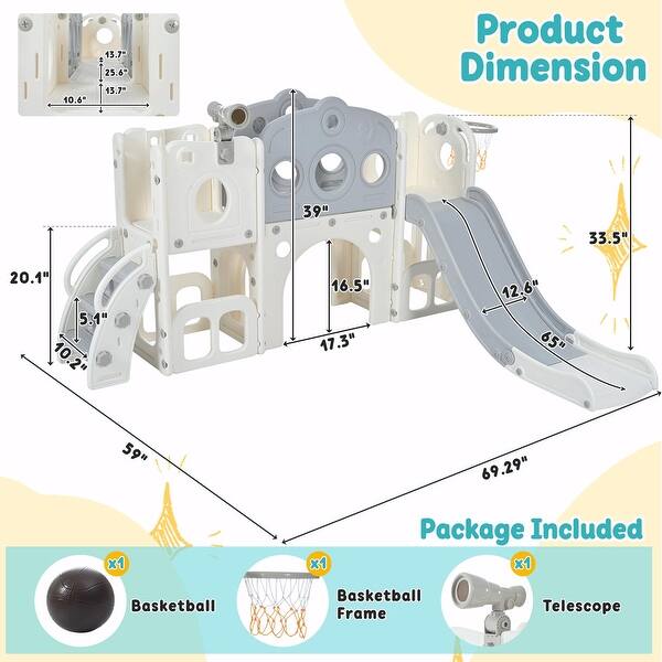 dimension image slide 2 of 3, 7-in-1 Toddler Slide Set - Spaceship Playset with Slide, Arch Tunnel, Basketball Hoop, and Toy Storage