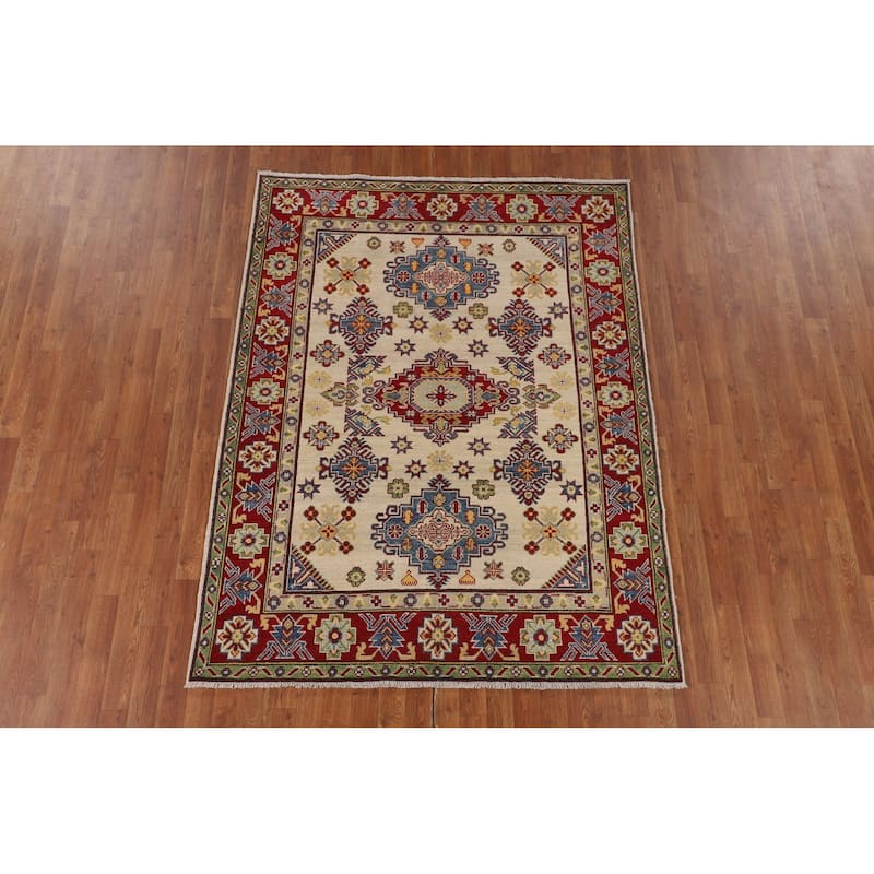 Beige Geometric Kazak Oriental Area Rug Hand-Knotted Wool Carpet - 5'1" x 6'6"