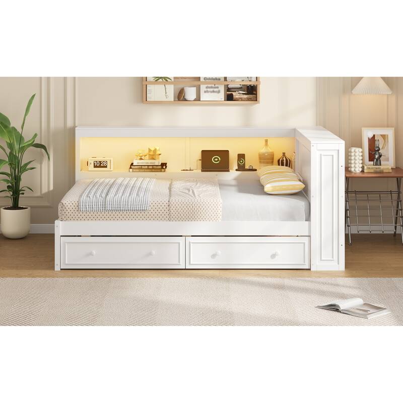 Full Size Wood Daybed with Storage Shelves, USB, LED, and 2 Drawers