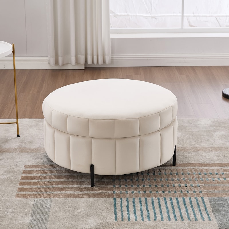 Round Ottoman with Storage, Channel Tufted Pumpkin-Shape Channel Footstool, Upholstered Footrest Stool with Reversible Lid