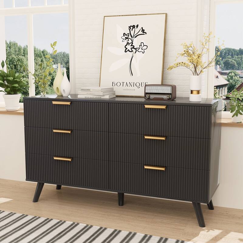 Gymojoy Fluted 6 Drawer Dresser with Gold Metal Handles, Modern Chest of Drawers for Living Room, Bedroom, Apartment