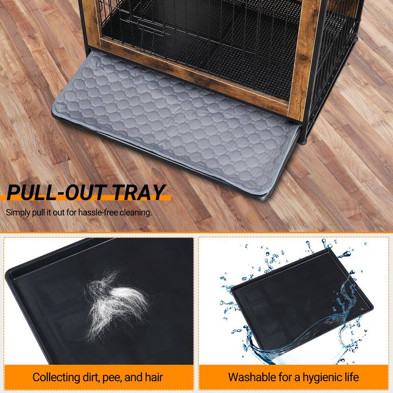 Rustic Brown Wooden Double Doors Dog Crate with Cushion and Adjustable Feet