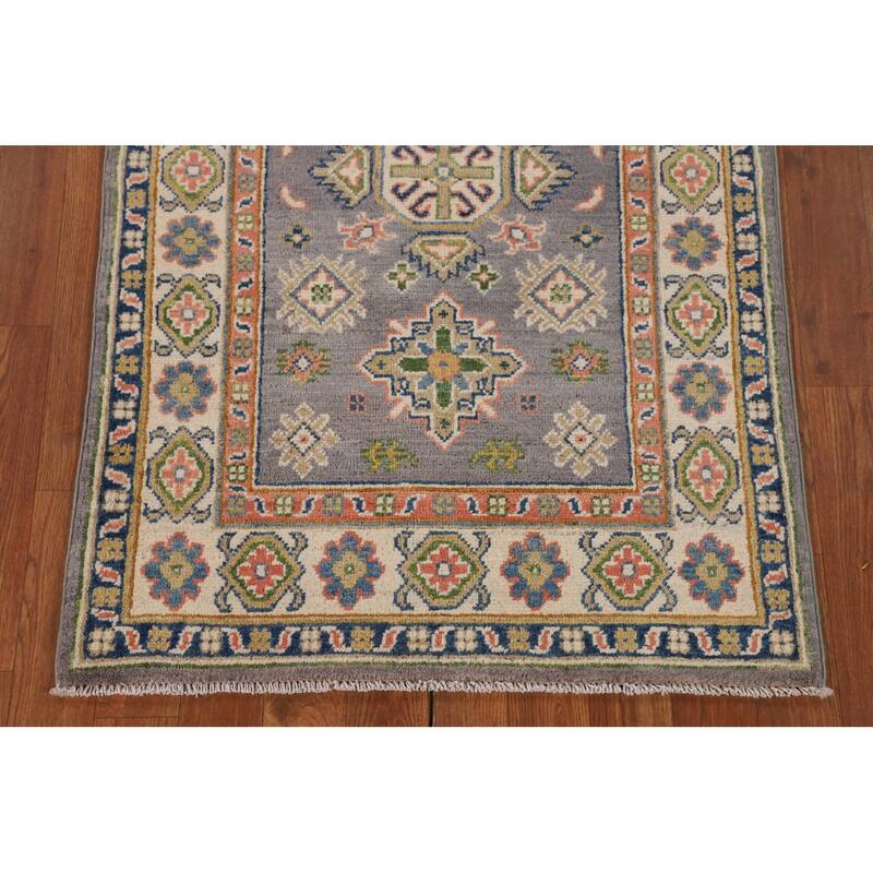Gray Kazak Foyer Rug Hand-Knotted Geometric Wool Carpet - 2'7" x 4'2"