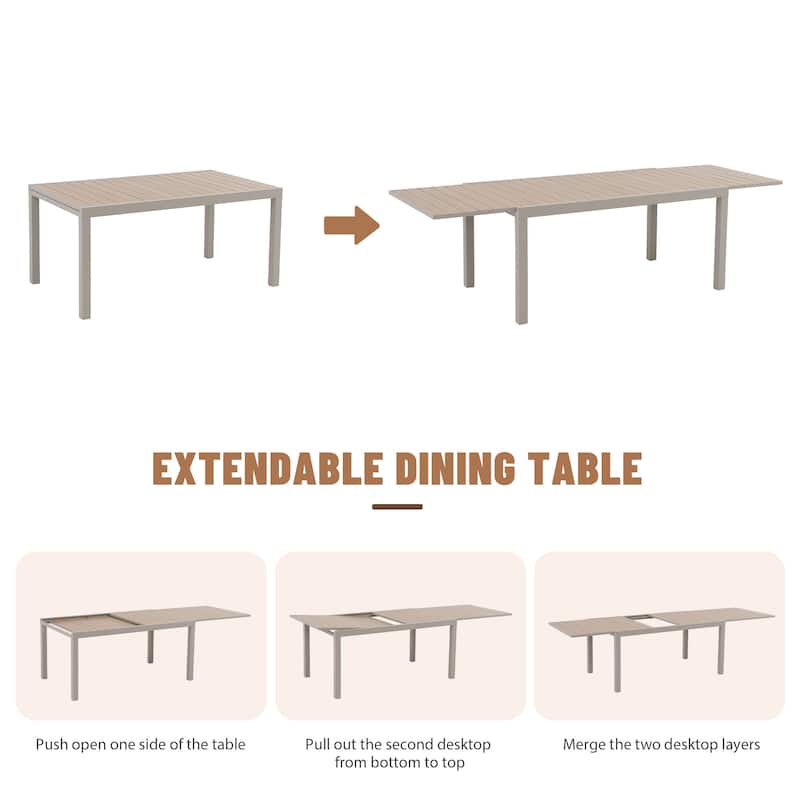 Extendable Outdoor Dining Set with Woven Rope Back Chairs with Cushions and All-Weather Aluminum Patio Table