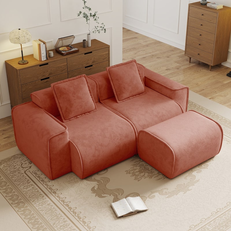 Streamlined Design Modular 2 Seat L Shape Boneless Velvet Fabric Sofa with 1 Movable Ottoman - 8' x 10'