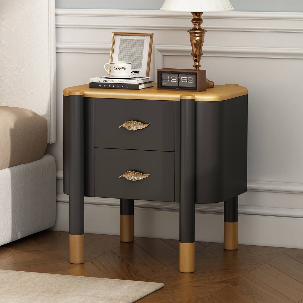 Contemporary 2-Drawer Nightstand - Curved Profile + Metal Feather Handles, Exposed Legs, Easy Assembly (Black)