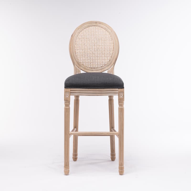 French Country Wooden Barstools Rattan Back With Upholstered Seating , Dark Grey，Set of 2