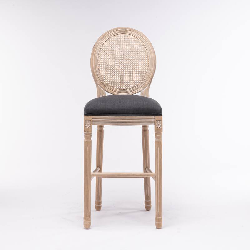 French Country Wooden Barstools Rattan Back With Upholstered Seating Set of 2