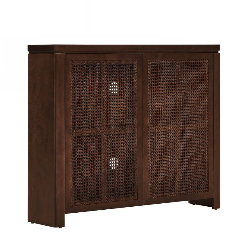 Mid Century Modern Rattan Sideboard Buffet Cabinet with 2 Outlet Holes