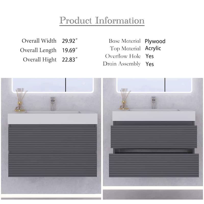 Wall-Mounted Bathroom Vanity in Gray with Undermount Sink without Faucet
