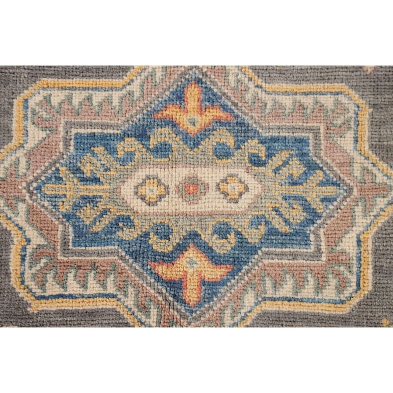 Gray Geometric Kazak Area Rug Handmade Wool Carpet - 4'0"x 5'11"