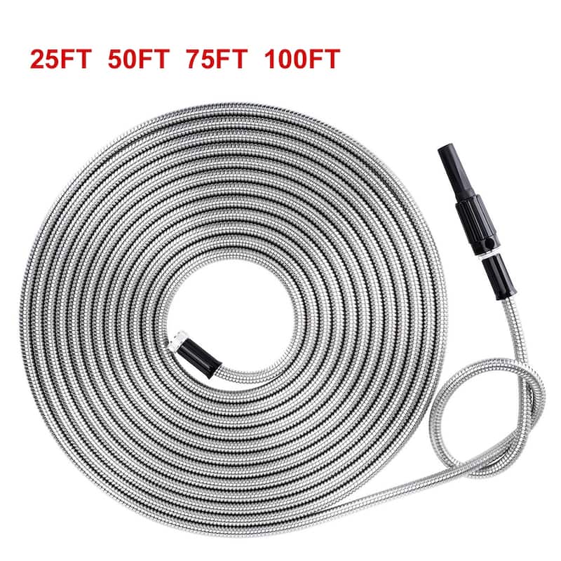 25/50/75/100FT Stainless Steel Garden Water Hose w/ Adjustable Nozzle - 25FT