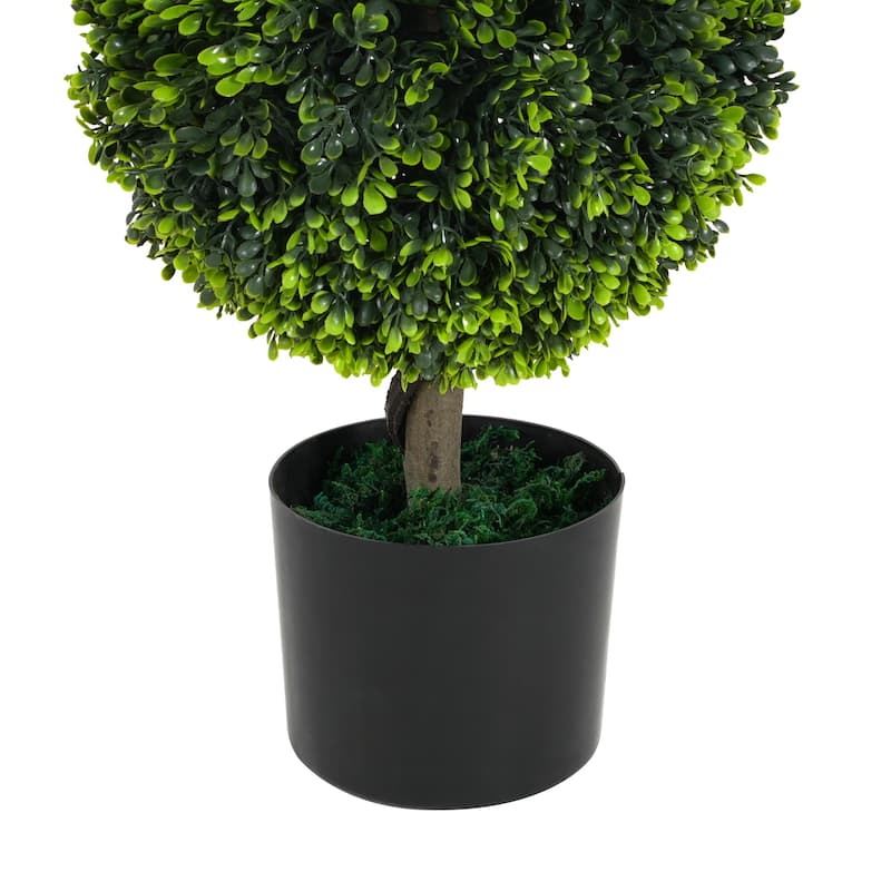 34" Artificial Topiary Boxwood Tree Double Ball with Pots, Set of 2