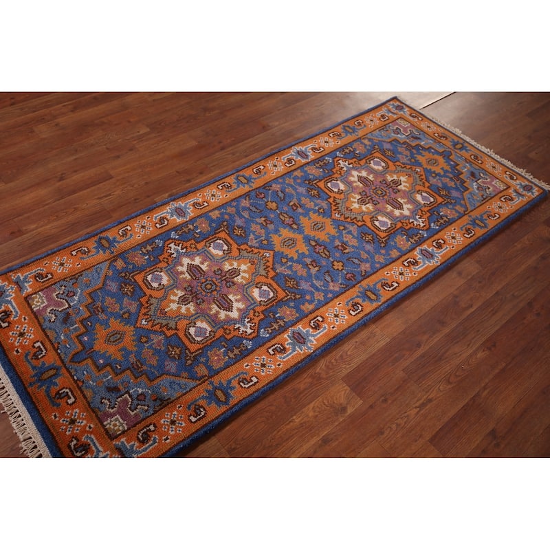 Blue & Orange Geometric Kazak Foyer Rug Hand-Knotted Wool Carpet - 2'6"x 6'0"