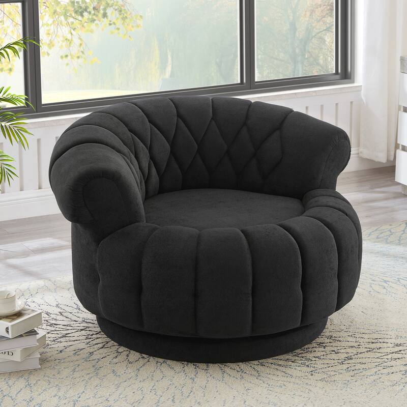 Roomfitters 46 Inch Oversized Round Barrel Swivel Accent Chair with Channel Tufting, Chenille