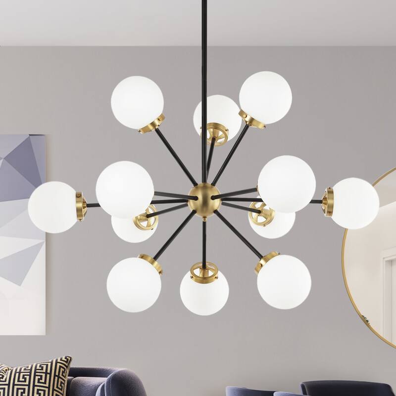 Modern Chandelier Sputnik Black Brass 12-Light Opal Glass