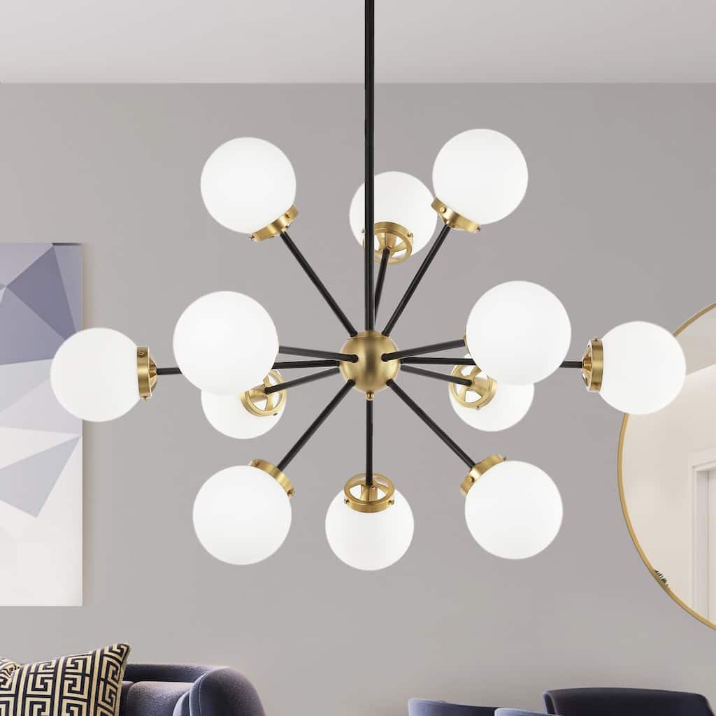 Modern Chandelier Sputnik Black Brass 12-Light Opal Glass
