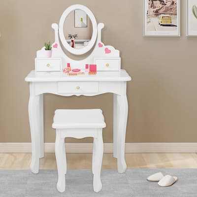 Kids Three Drawers Wooden Dressing Table Round Mirror with Stool