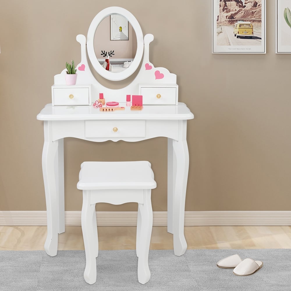 Kids Three Drawers Wooden Dressing Table Round Mirror with Stool