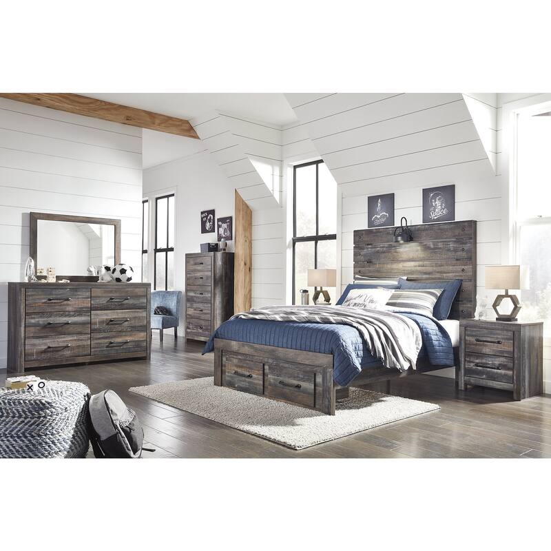 Drystan Rustic Brown Panel Bed with Footboard Storage Drawers
