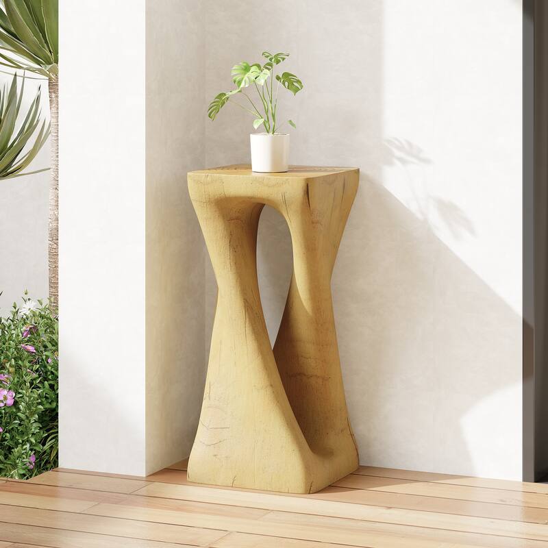 Roomfitters Twist Sculptural Outdoor Side Table, Wood-Look Lightweight Concrete Garden Stool