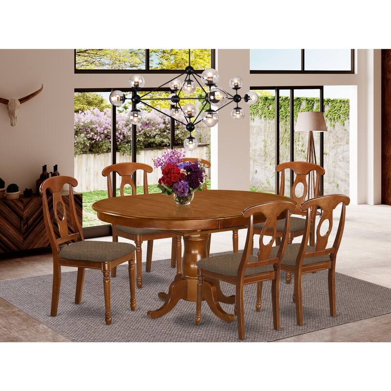 HomeStock 7-Piece Oval Saddle Brown Finish Solid Wood Top Dining Table with 6 Chairs with Lattice Back
