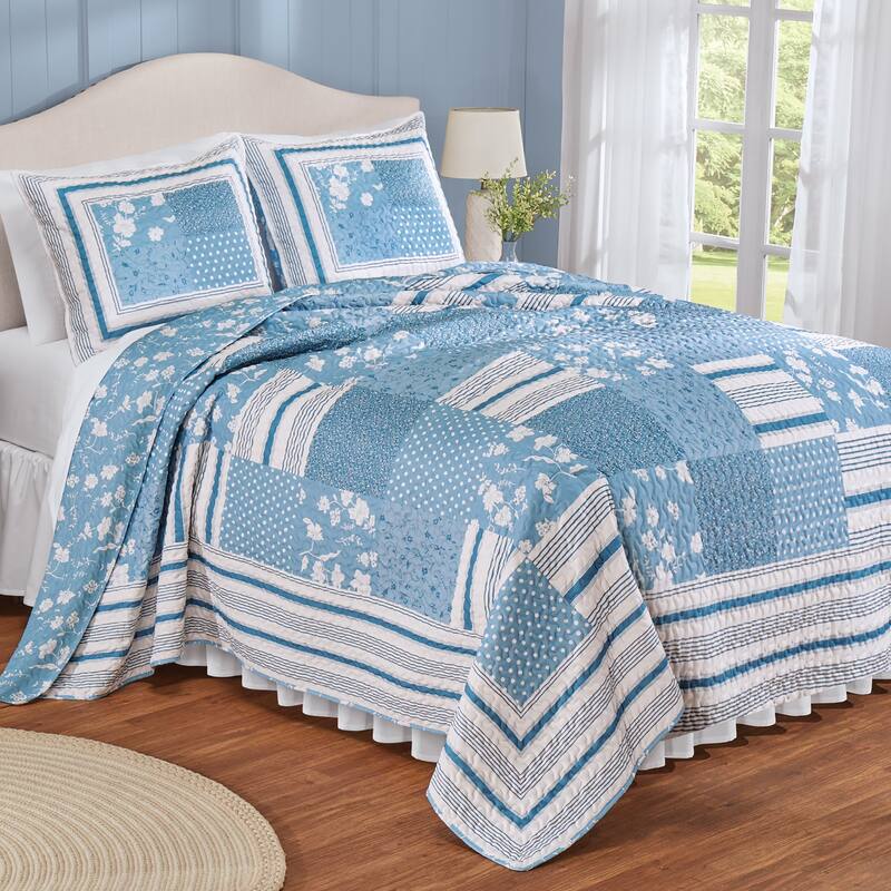 Payton Reversible Floral Stripe Patchwork Oversized Quilt - Blue - Full/Queen