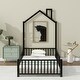preview thumbnail 28 of 47, Twin/Full Size House Platform Bed with Guardrail and House-Shaped Headboard, Metal Floor Montessori Bed with Chimney Design