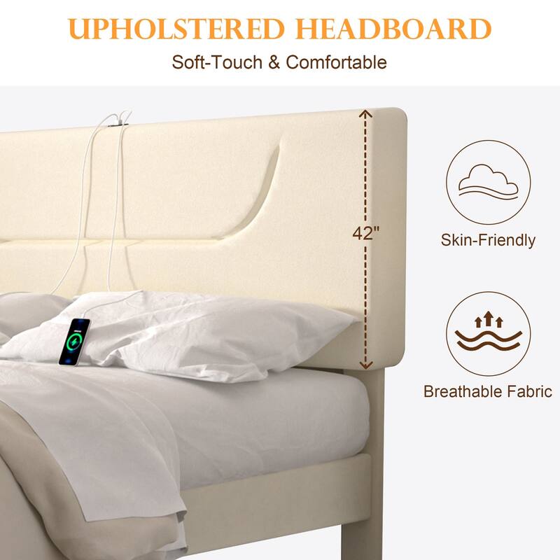 Javlergo Bed Frame with Smart LED Lights, Velvet Bed Frames with USB Charging Station, Modern Platform Bed