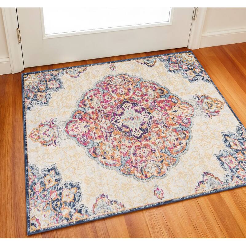 HomeRoots Oriental Transitional Square Area Rug - 27.00 in. x 24.00 in. x 0.40 in. - Blue/Brown/Pink