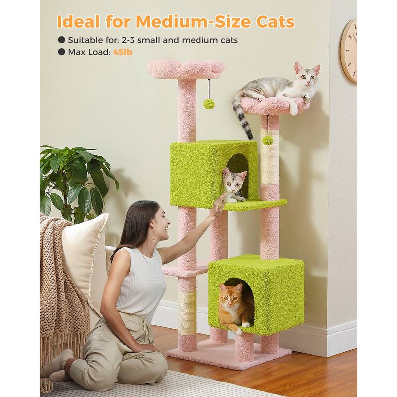 52.4" Cute Cat Tree Tower with 2 Flower Padded Perches, 2 Condos & 2 Scratching Posts - Pink