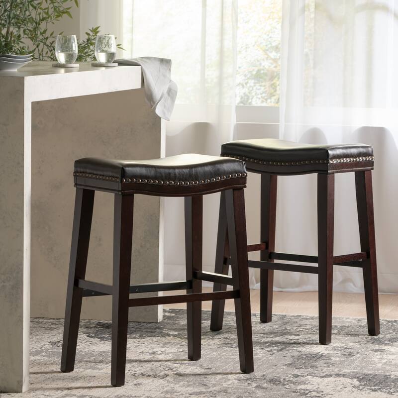 Roomfitters Backless Bar Stools with Faux Leather Seat and Nailhead Trim, Saddle-Style Counter Chairs, Set of 2, Brown